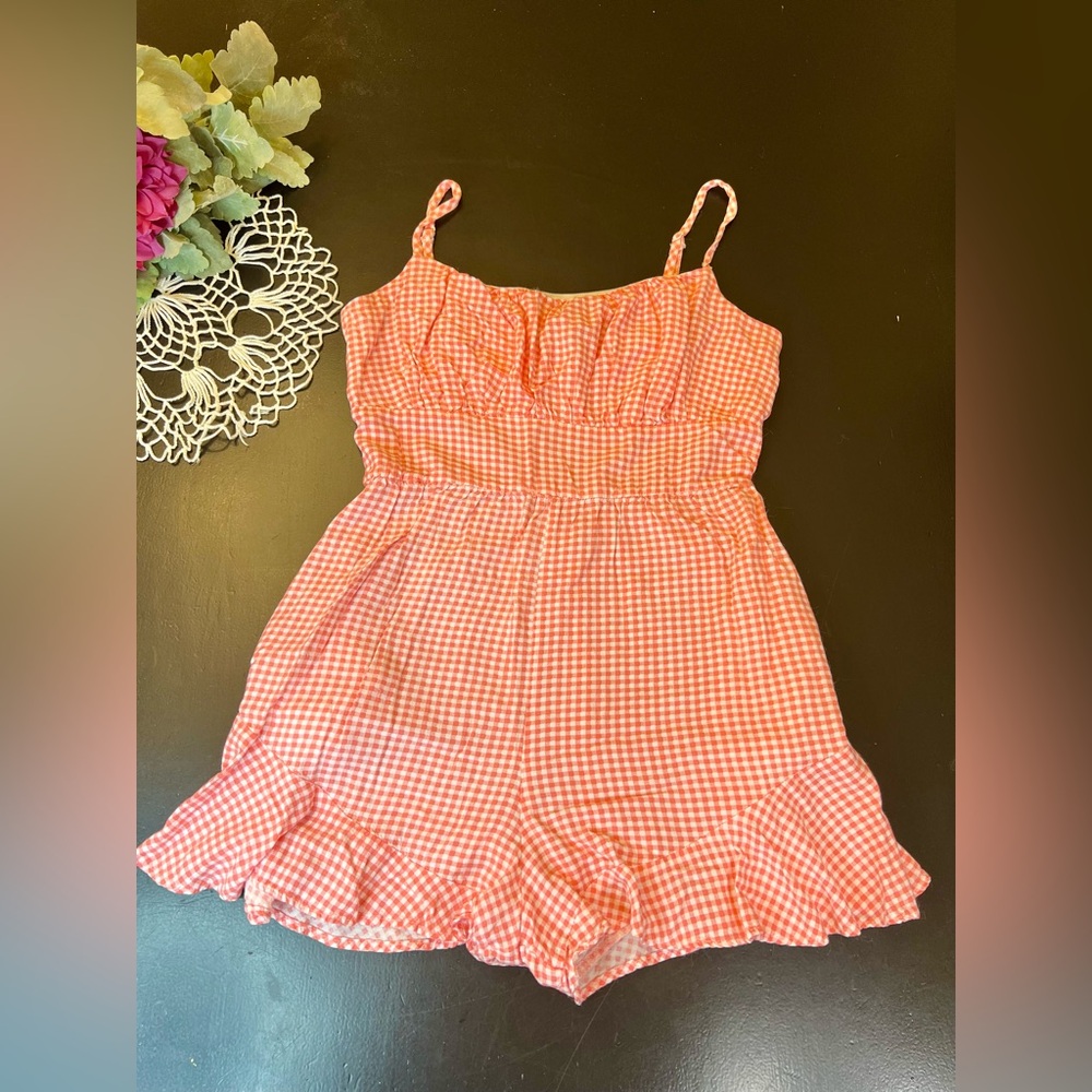 Lily Rose Coral White Gingham Girly Romper Sz M Picnic Americana Daisy‎ Duke